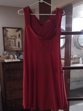 Sleeveless Crimson Midi Dress with Draped Neckline